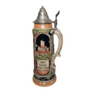 Thewalt West Germany Tyrolean Beer Stein Pewter Lid Hand-Painted 2L 15.5" Tall